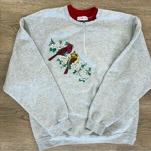 Vintage Morning Sun‎ Cardinal Bird Floral Sweatshirt Gray Red Half Zip Large